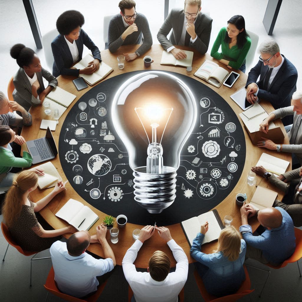 A team brainstorming around a lightbulb idea A team brainstorming around a lightbulb idea