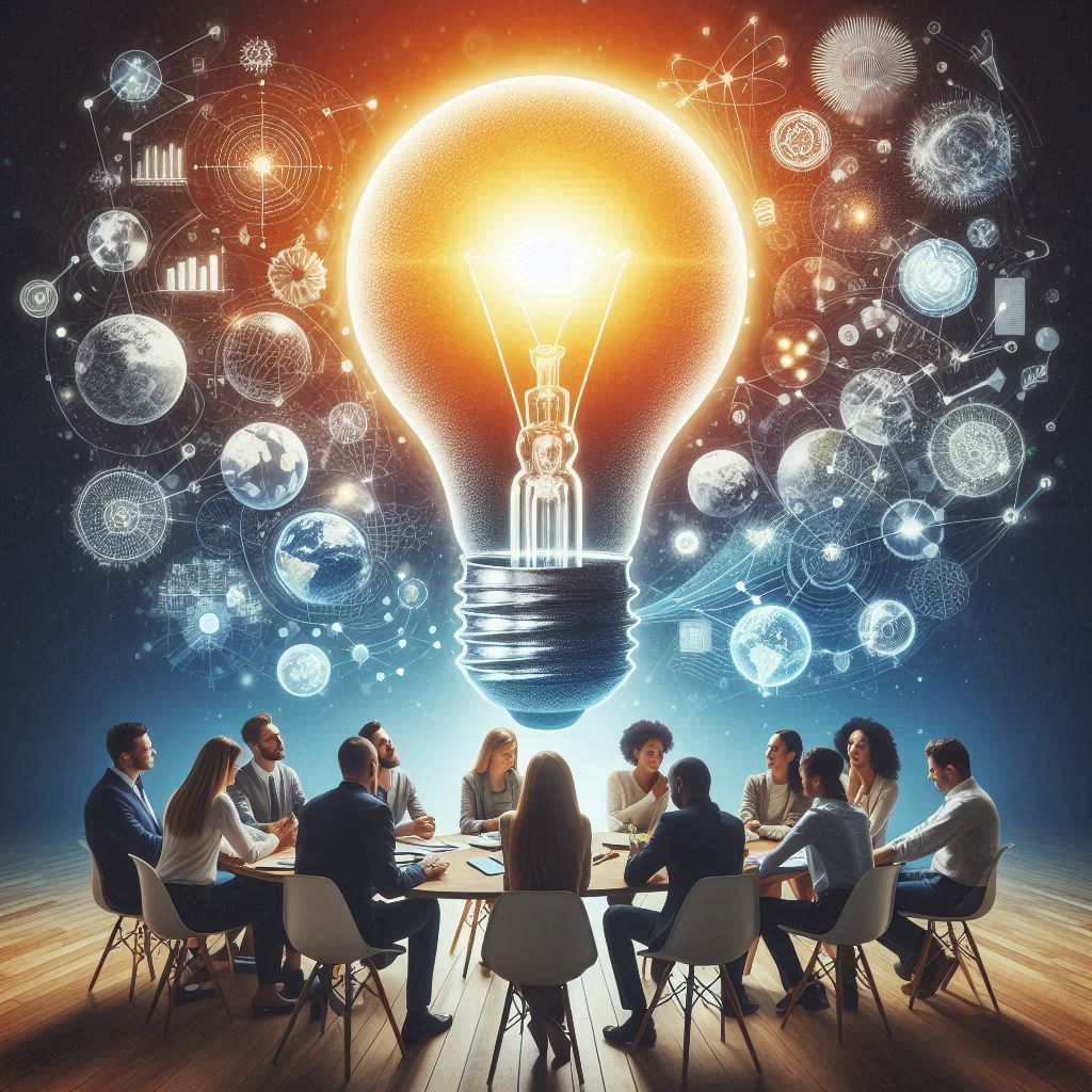 A team brainstorms ideas under a glowing lightbulb A team brainstorms ideas under a glowing lightbulb