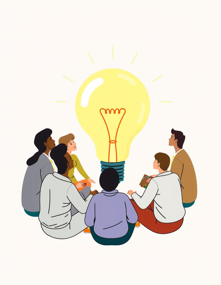 People are sitting in a circle around a light bulb People are sitting in a circle around a light bulb