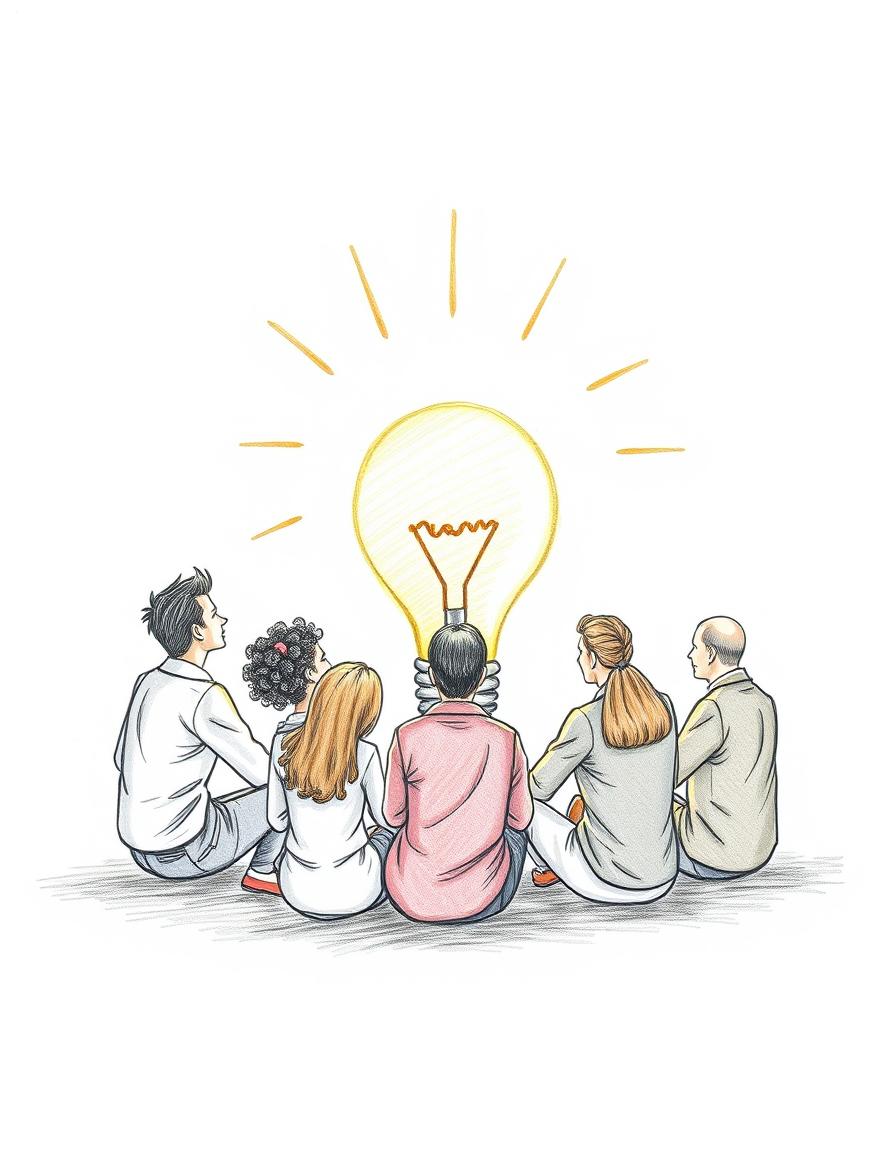A group of people sit around a glowing lightbulb A group of people sit around a glowing lightbulb