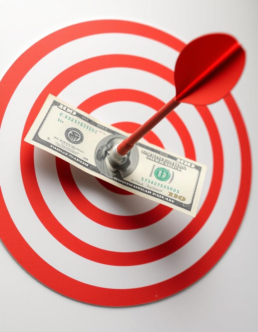 Red dart hits $100 bill at target's center Red dart hits $100 bill at target's center