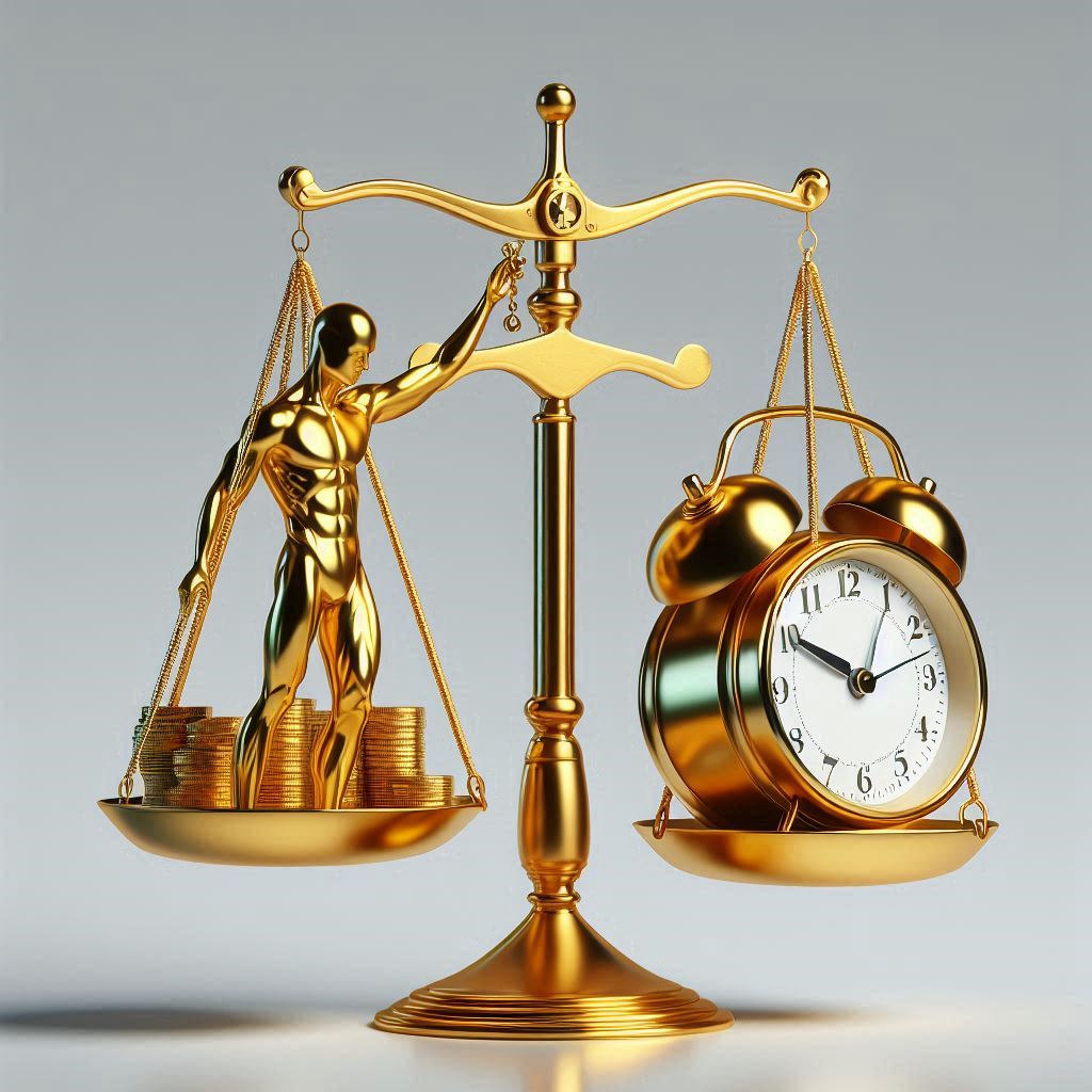 A golden scale balances a figure with coins against a clock A golden scale balances a figure with coins against a clock