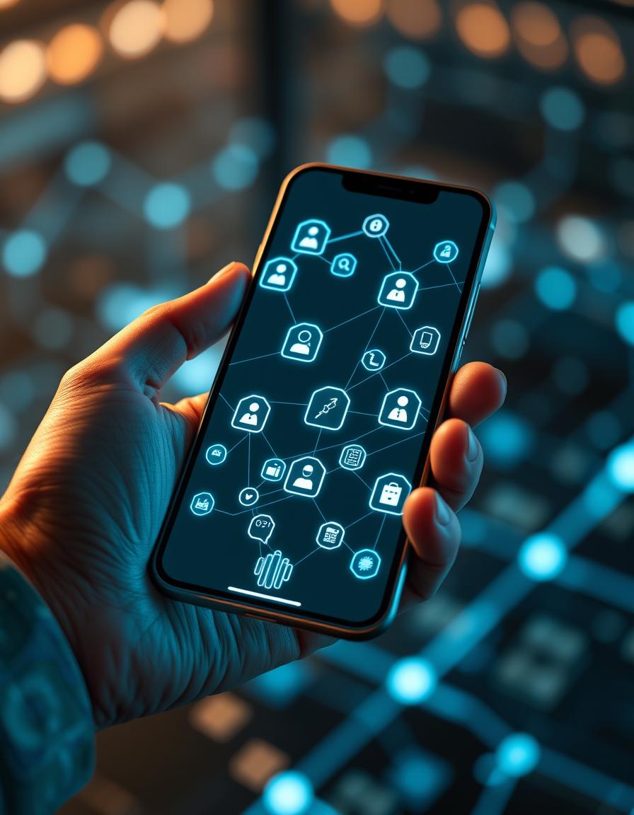 A hand holds a smartphone with a network of icons A hand holds a smartphone with a network of icons