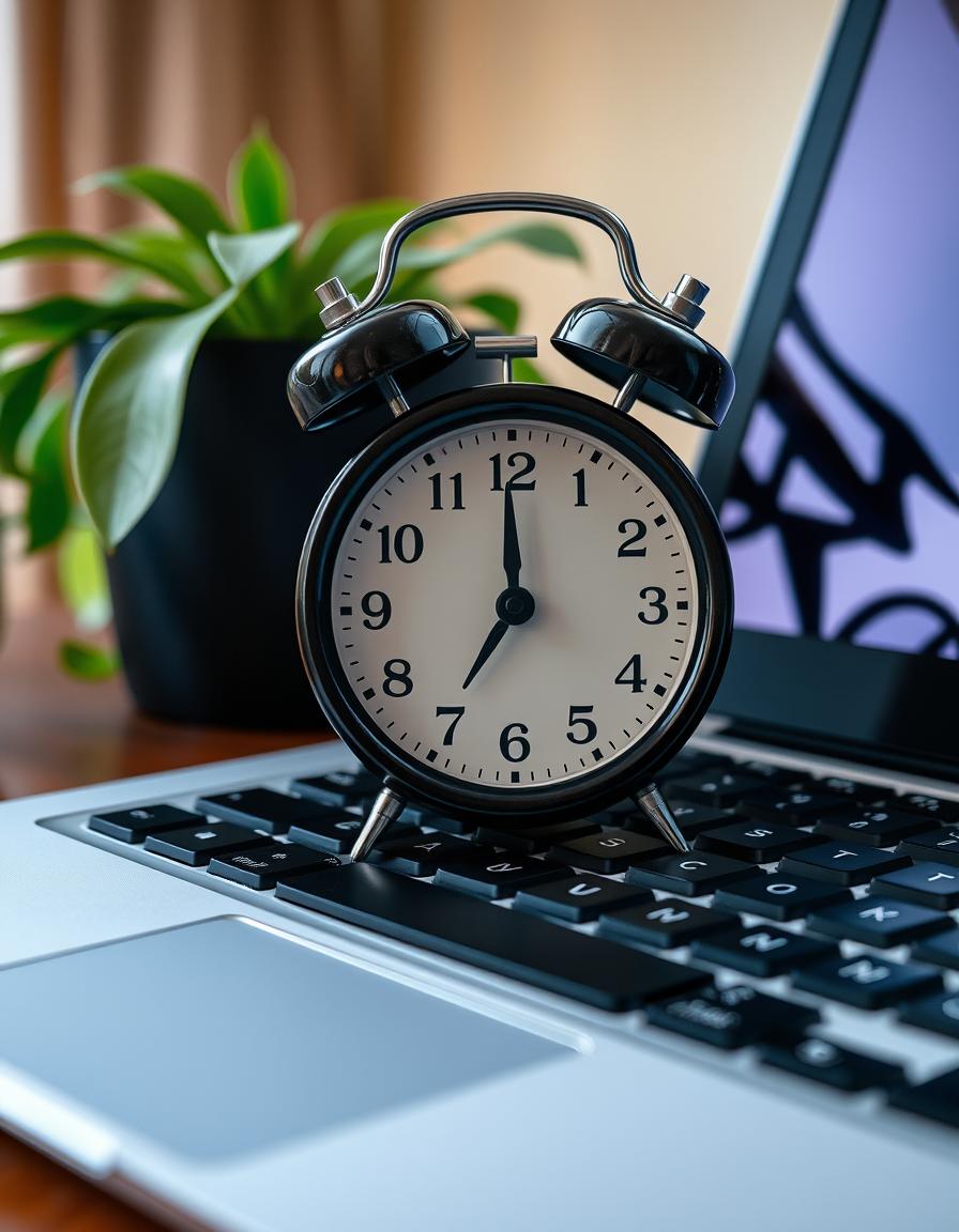 An alarm clock sits on a laptop keyboard An alarm clock sits on a laptop keyboard