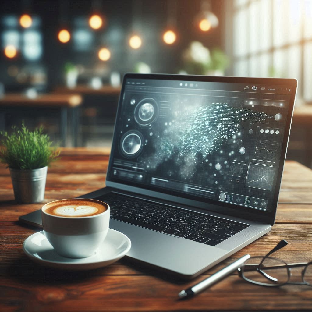 Laptop with data viz and coffee on a wooden table Laptop with data viz and coffee on a wooden table
