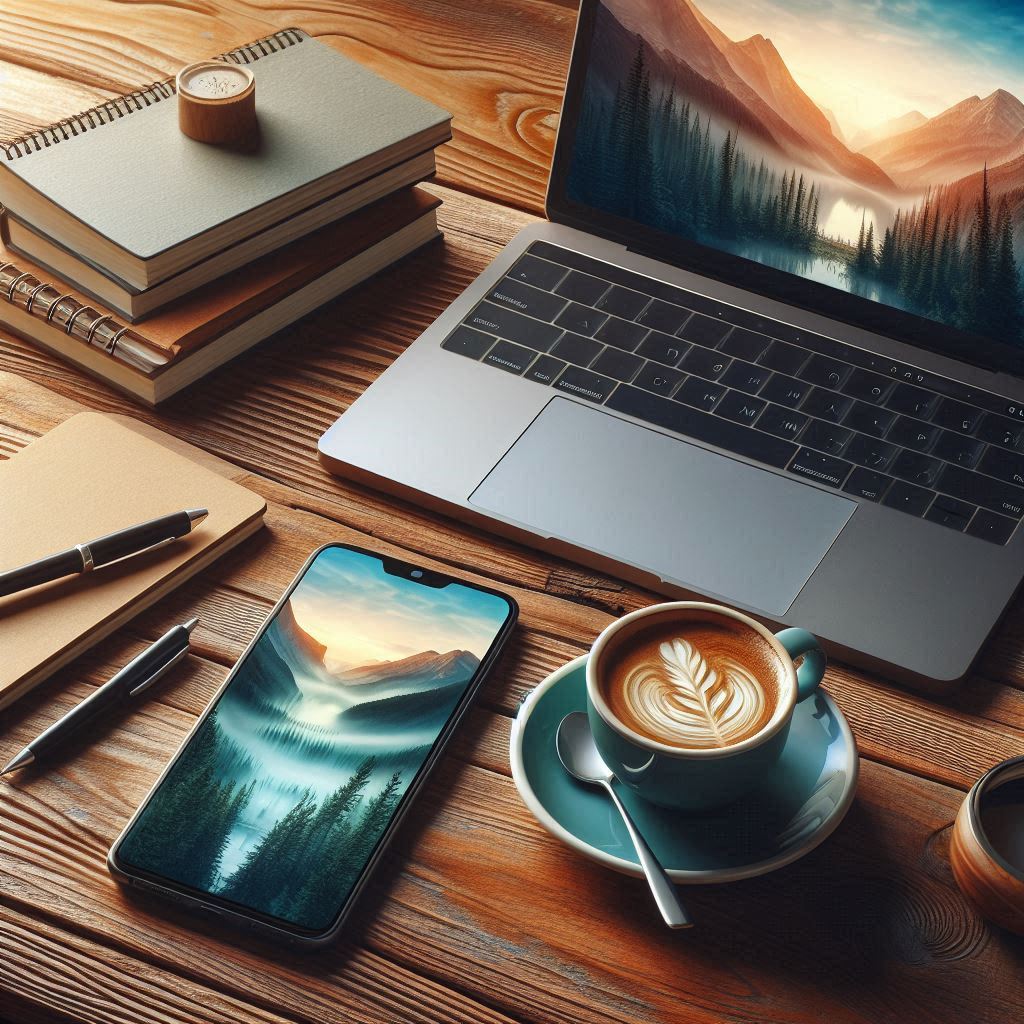 A laptop, phone, coffee, and notebooks on a wooden table A laptop, phone, coffee, and notebooks on a wooden table