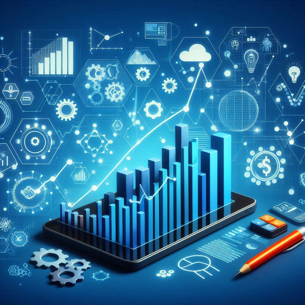 A blue bar chart rises on a smartphone A blue bar chart rises on a smartphone