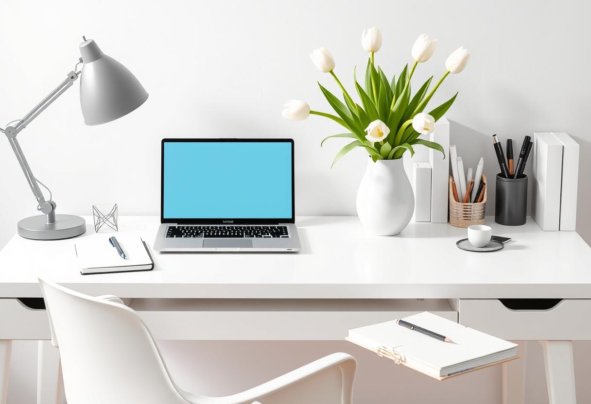A white desk with a laptop, lamp, and flowers A white desk with a laptop, lamp, and flowers