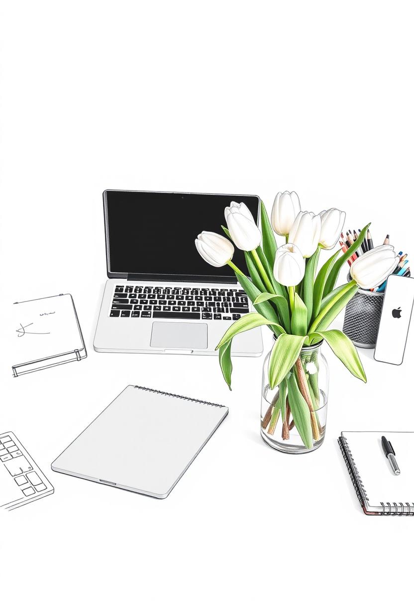 A simple workspace with a laptop and white tulips A simple workspace with a laptop and white tulips