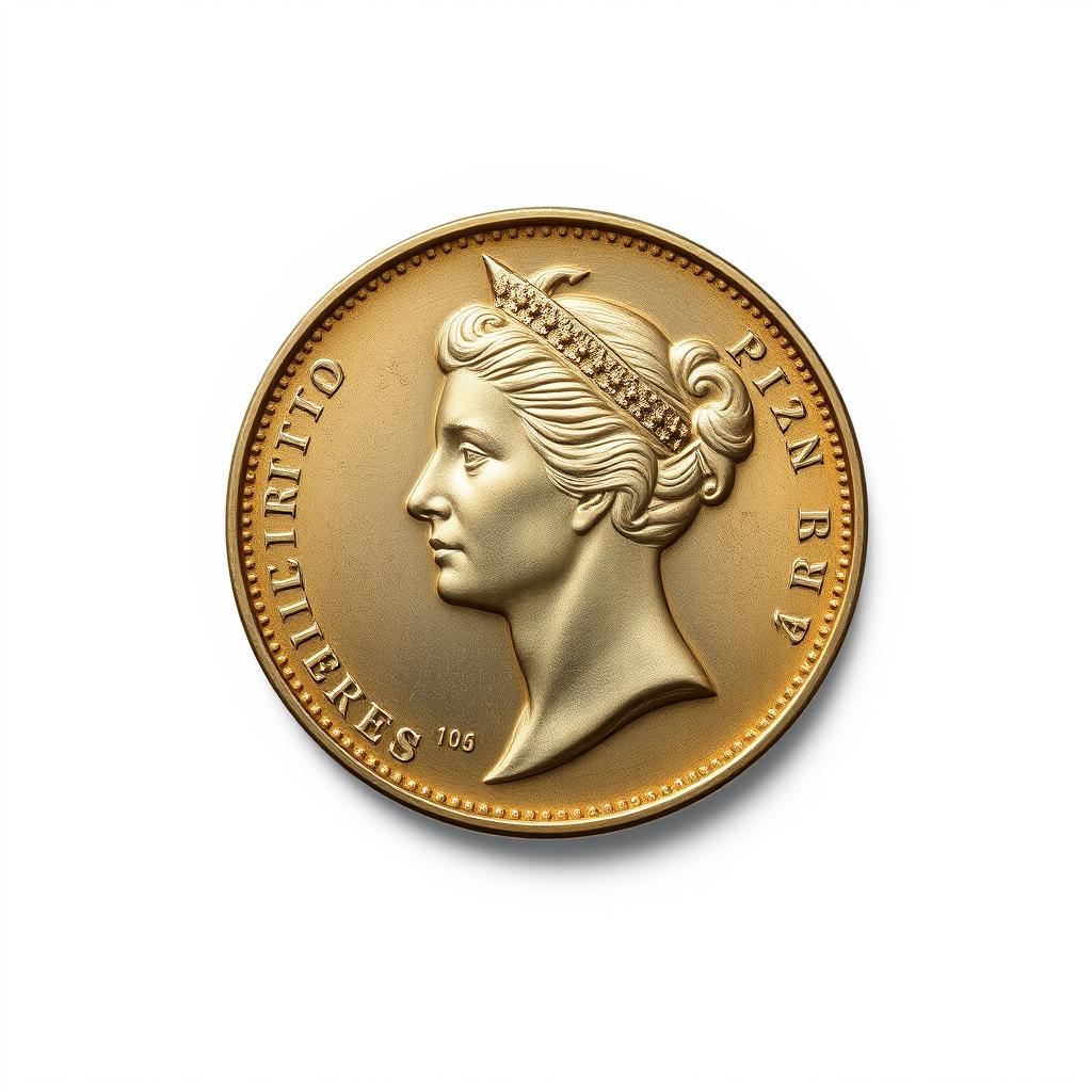 A gold coin with a woman's profile on it A gold coin with a woman's profile on it