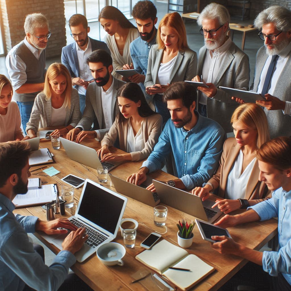 A team works on laptops at a table A team works on laptops at a table