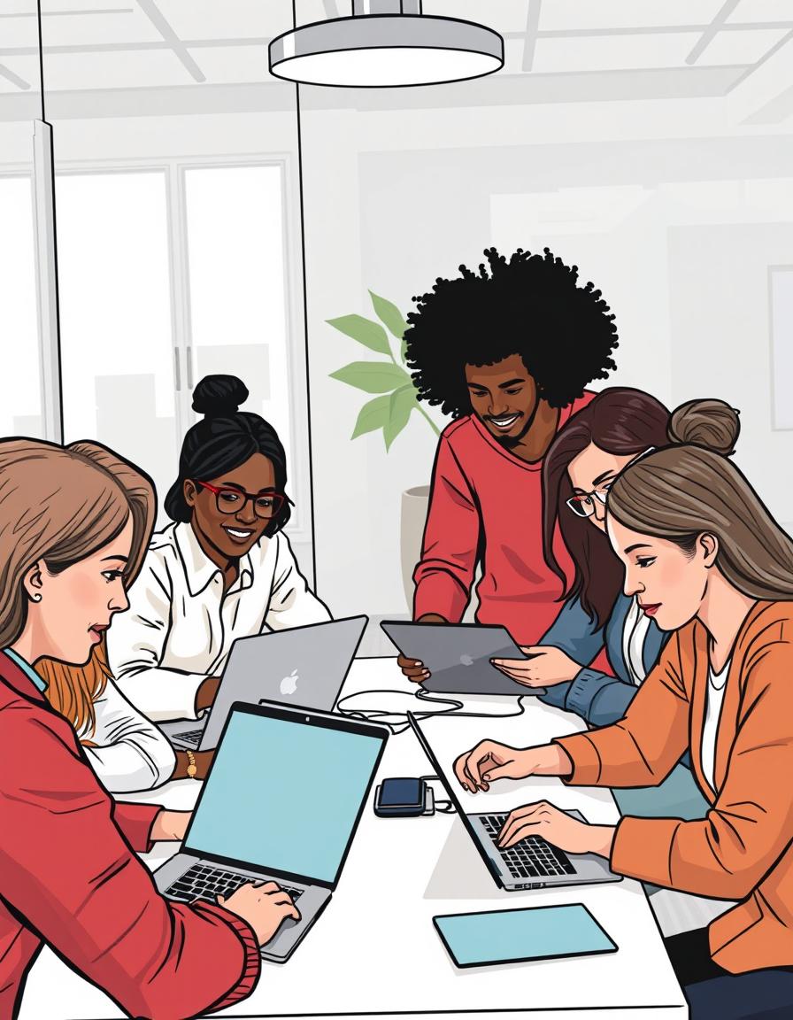 A team of four people work on laptops in an office A team of four people work on laptops in an office