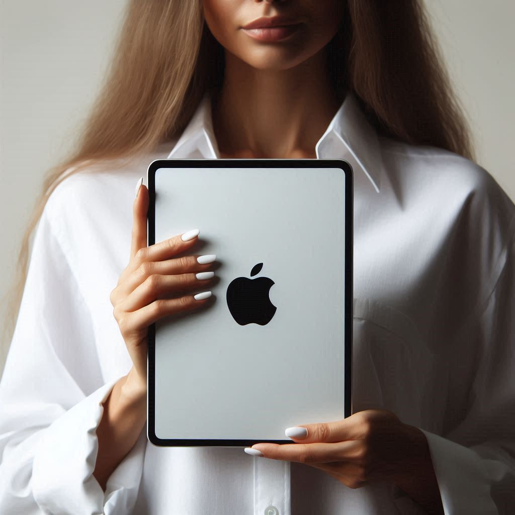 A woman holds a tablet in front of her A woman holds a tablet in front of her