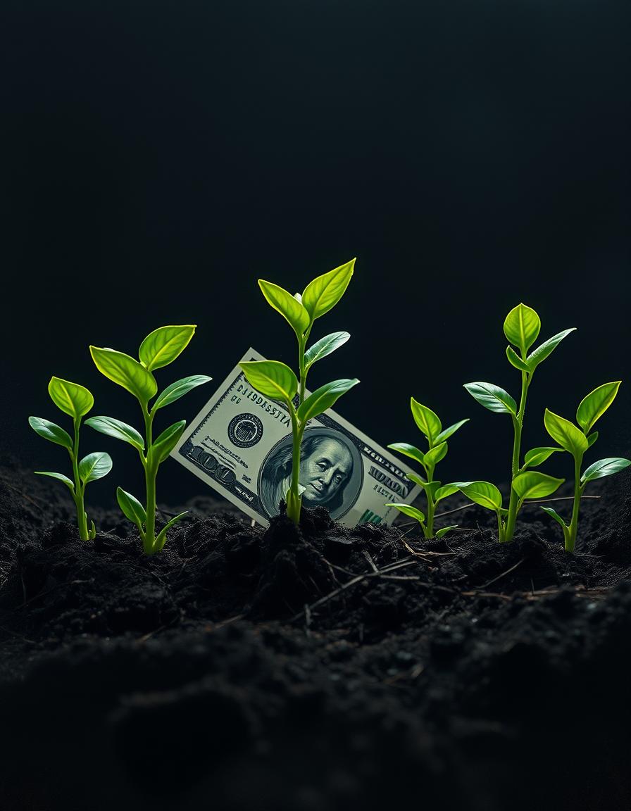 A dollar bill is buried in the soil next to growing plants A dollar bill is buried in the soil next to growing plants