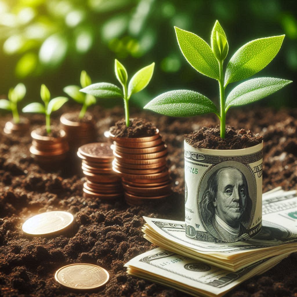 Plants grow on stacks of coins and money Plants grow on stacks of coins and money