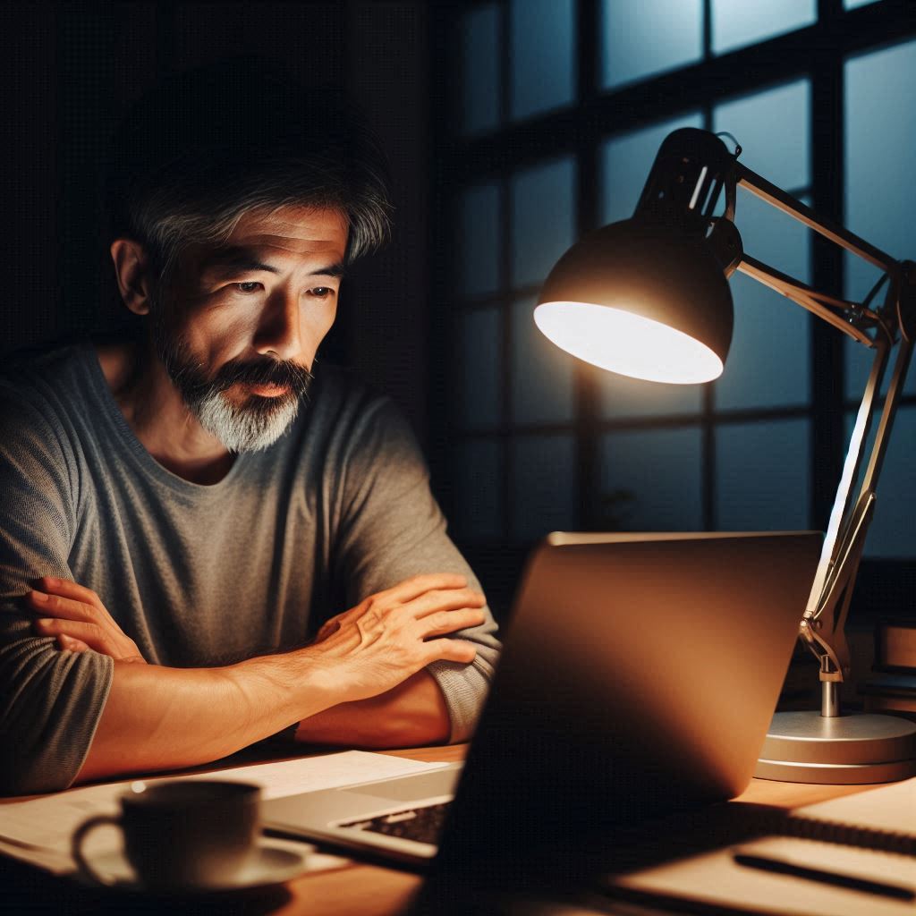 A man works on his laptop late at night A man works on his laptop late at night