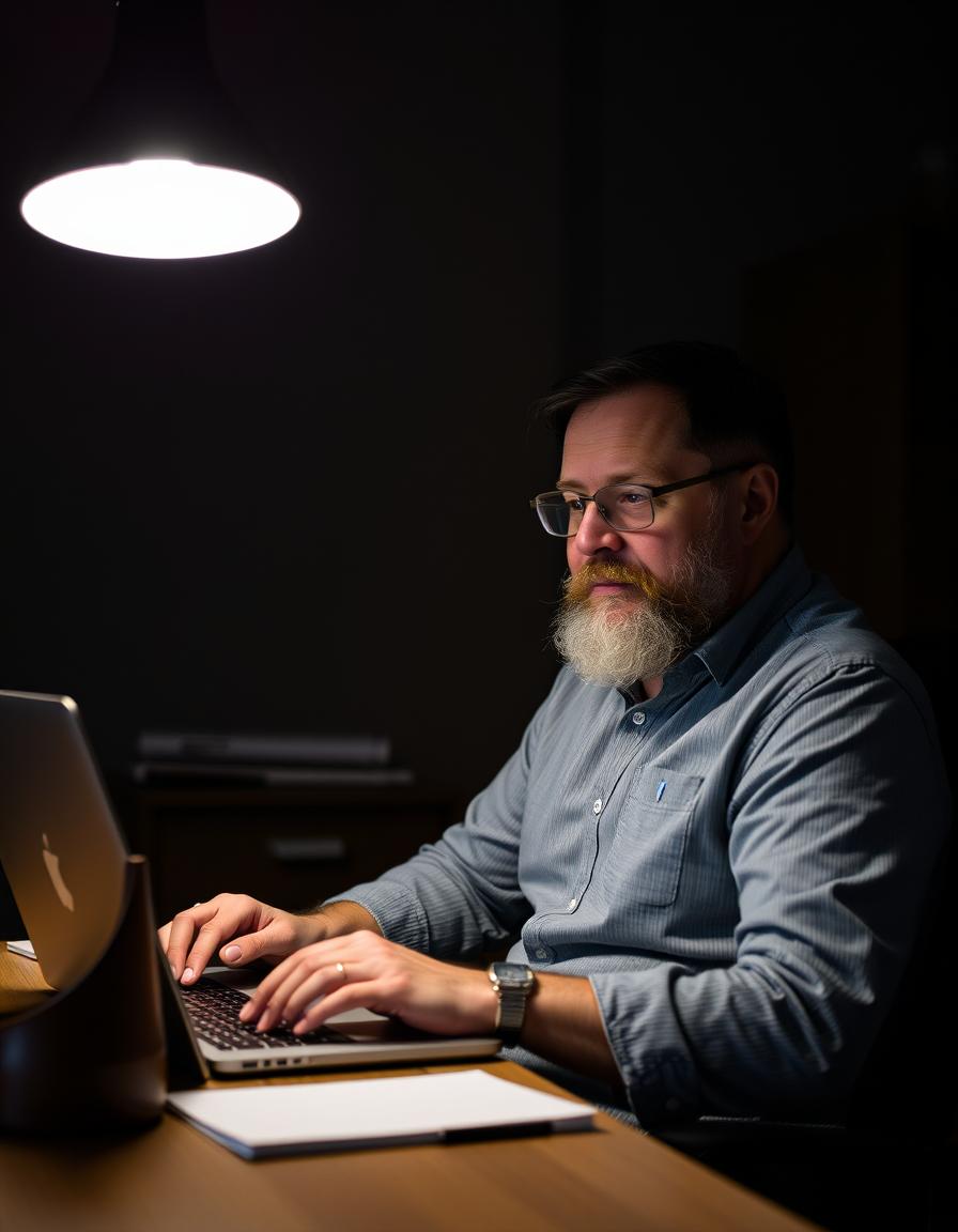 A man works late on his laptop A man works late on his laptop