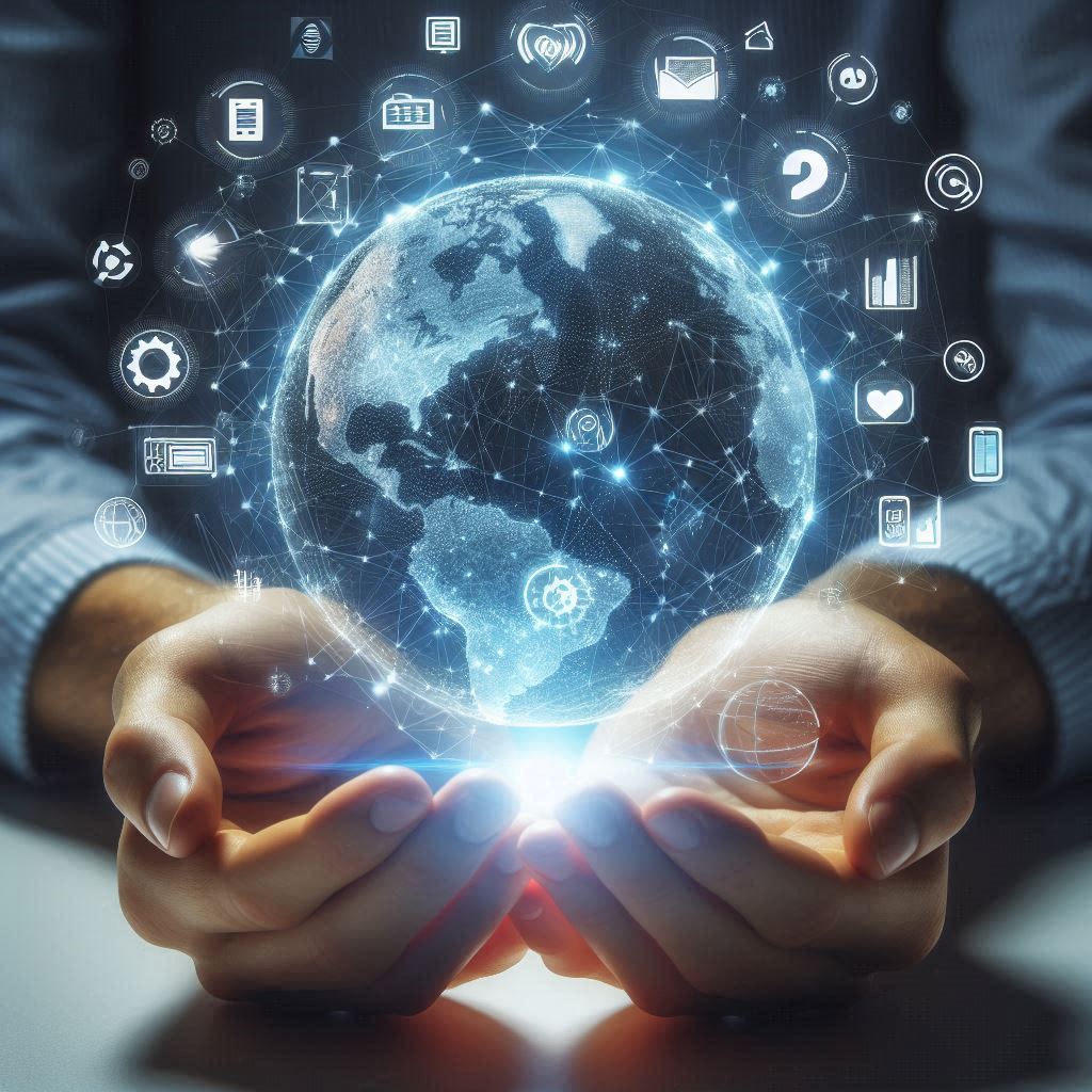 Hands hold a glowing globe with digital icons Hands hold a glowing globe with digital icons