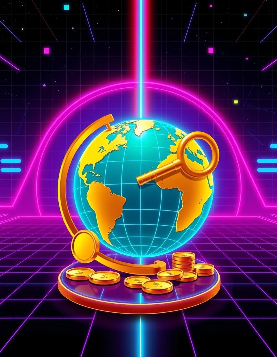 Golden globe with key on retro platform Golden globe with key on retro platform