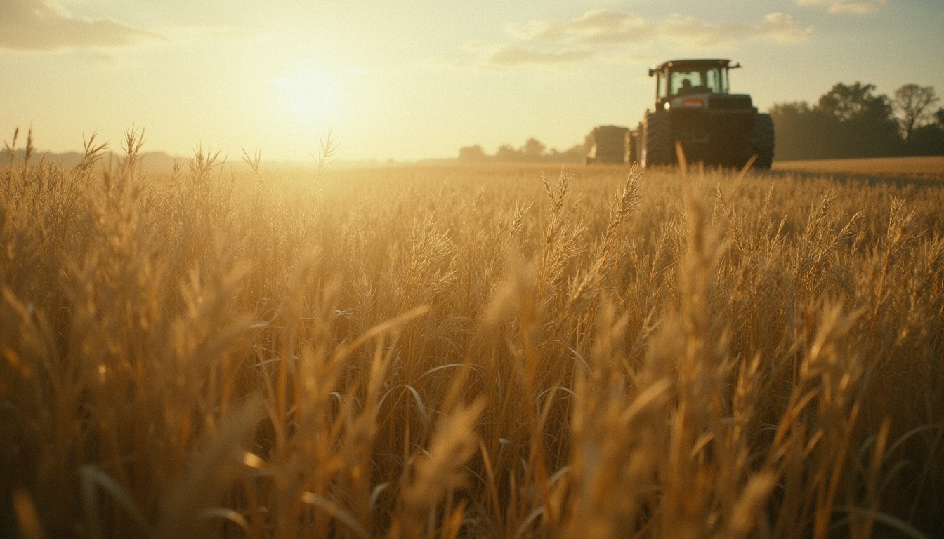 A tractor drives through a field of golden wheat at sunset A tractor drives through a field of golden wheat at sunset