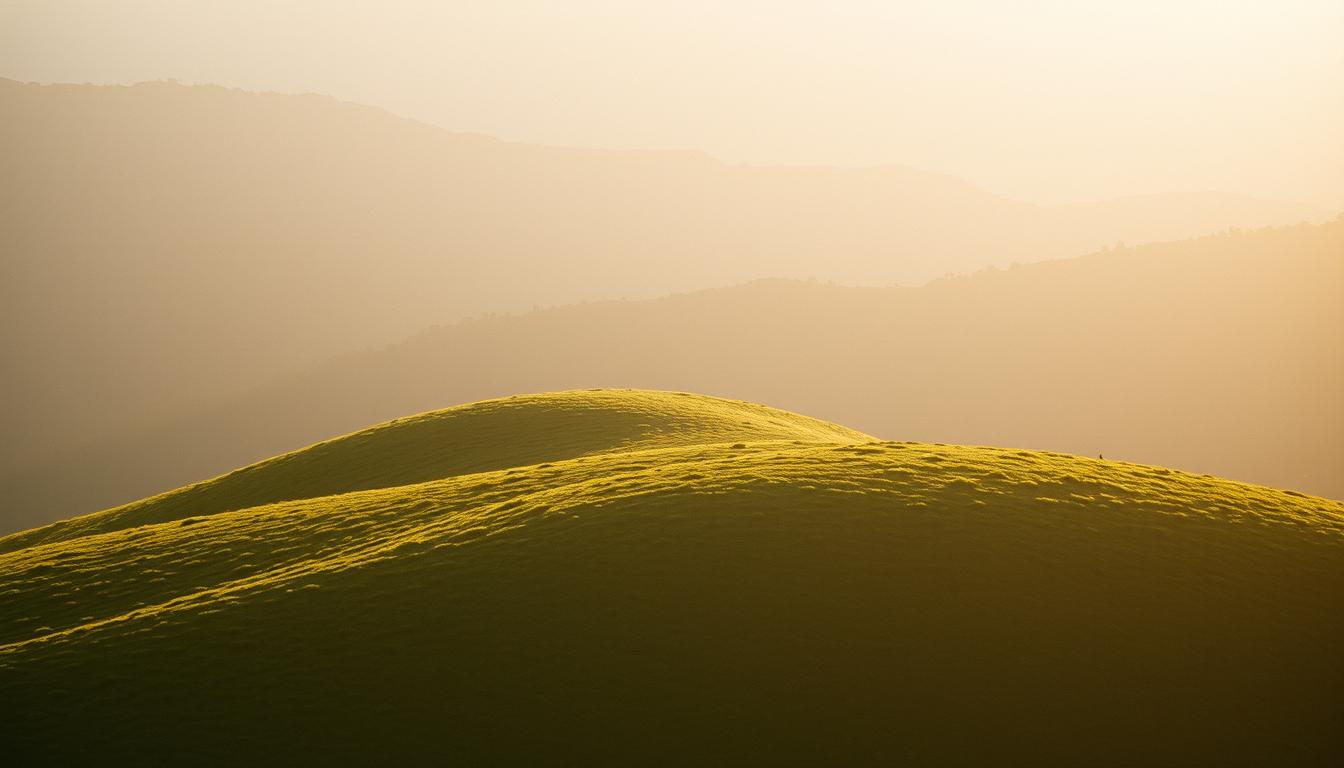 A grassy hill in the morning mist A grassy hill in the morning mist
