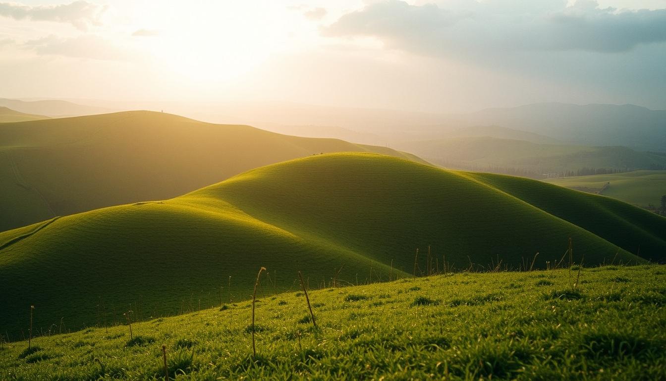 Golden sunlight bathes rolling hills Golden sunlight bathes rolling hills
