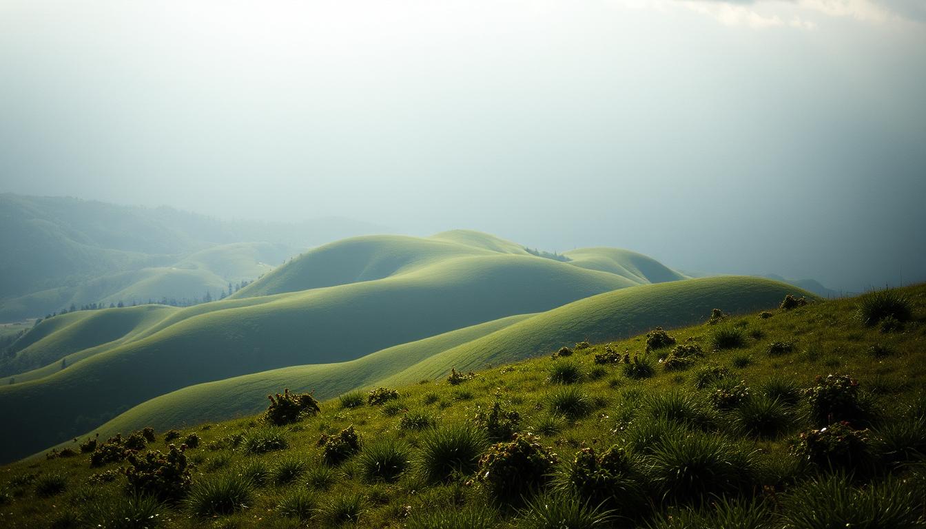 Green hills in a misty landscape Green hills in a misty landscape