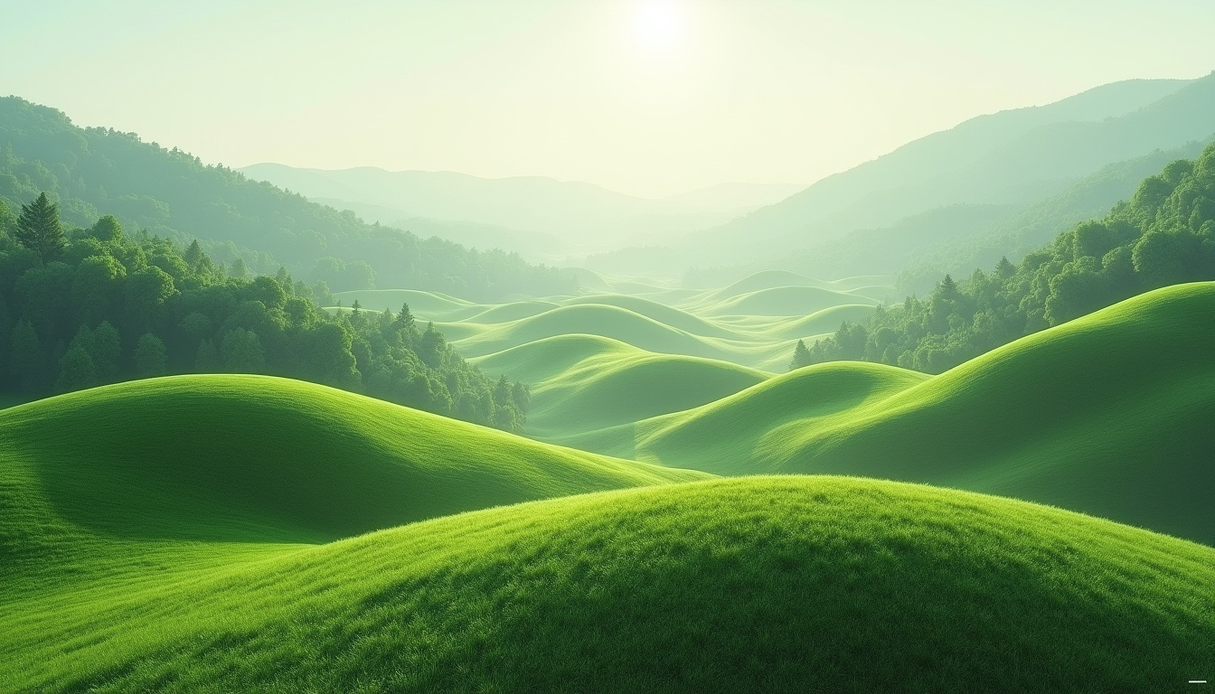 Green rolling hills under a bright morning sky Green rolling hills under a bright morning sky