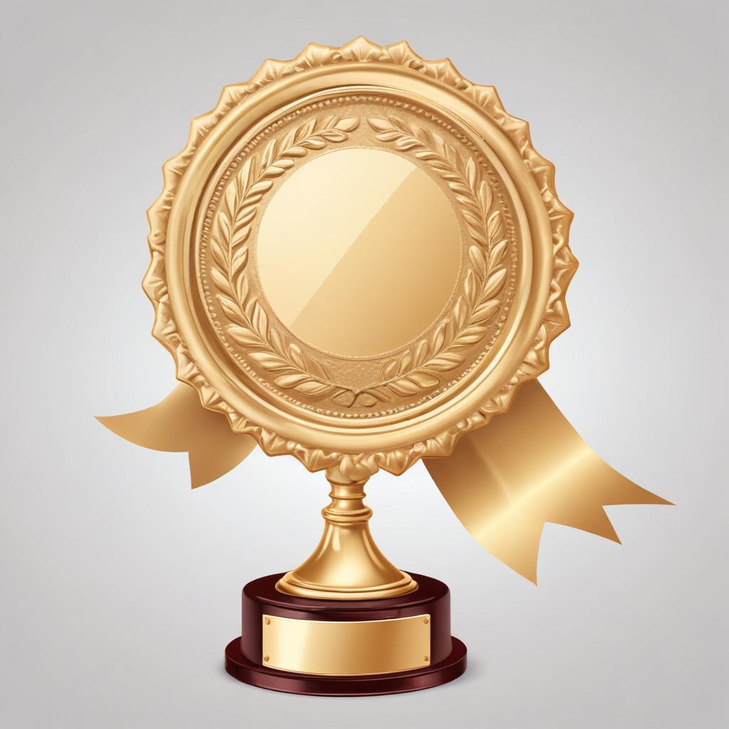 A golden trophy with a ribbon sits on a gray background A golden trophy with a ribbon sits on a gray background