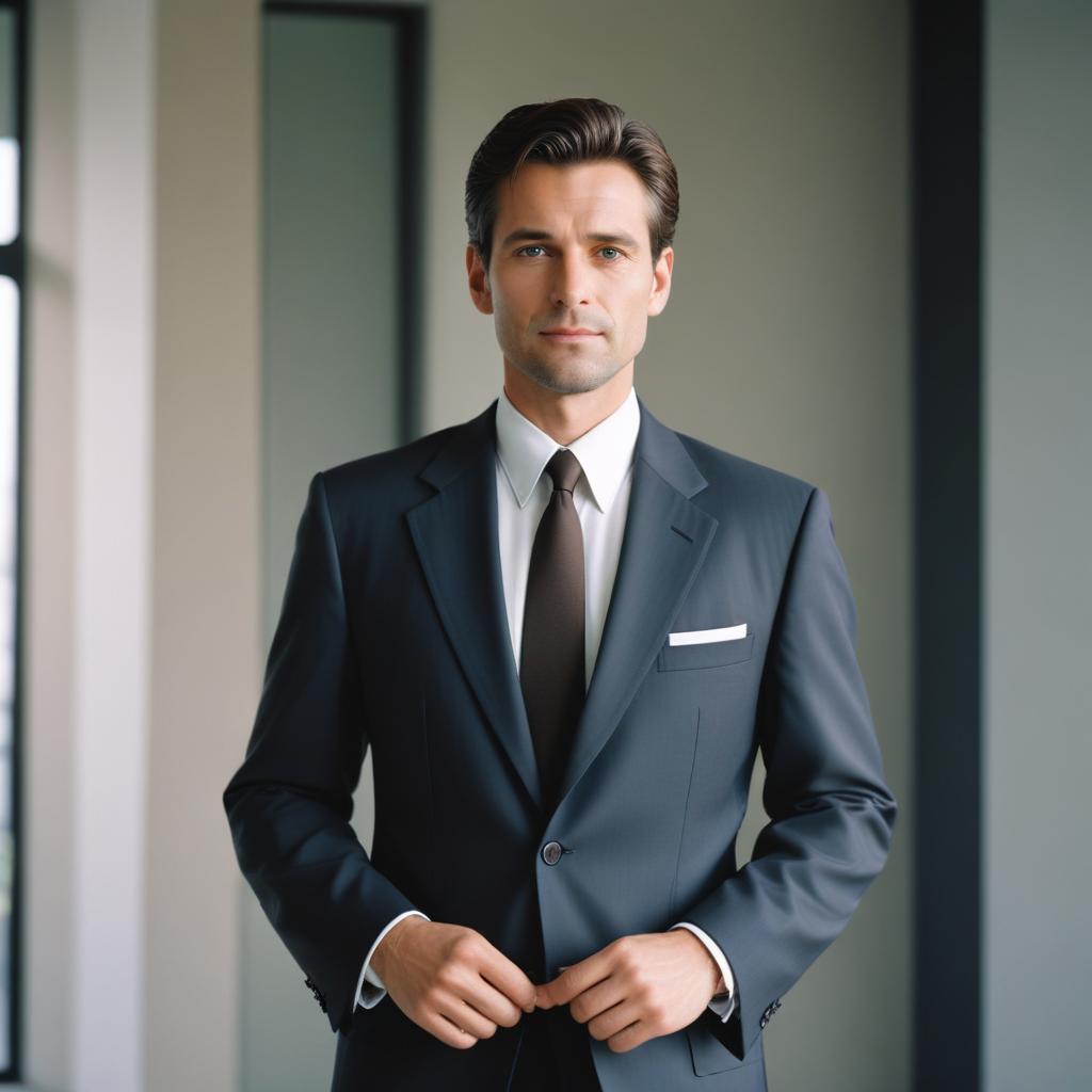 A man in a suit stands in an office A man in a suit stands in an office