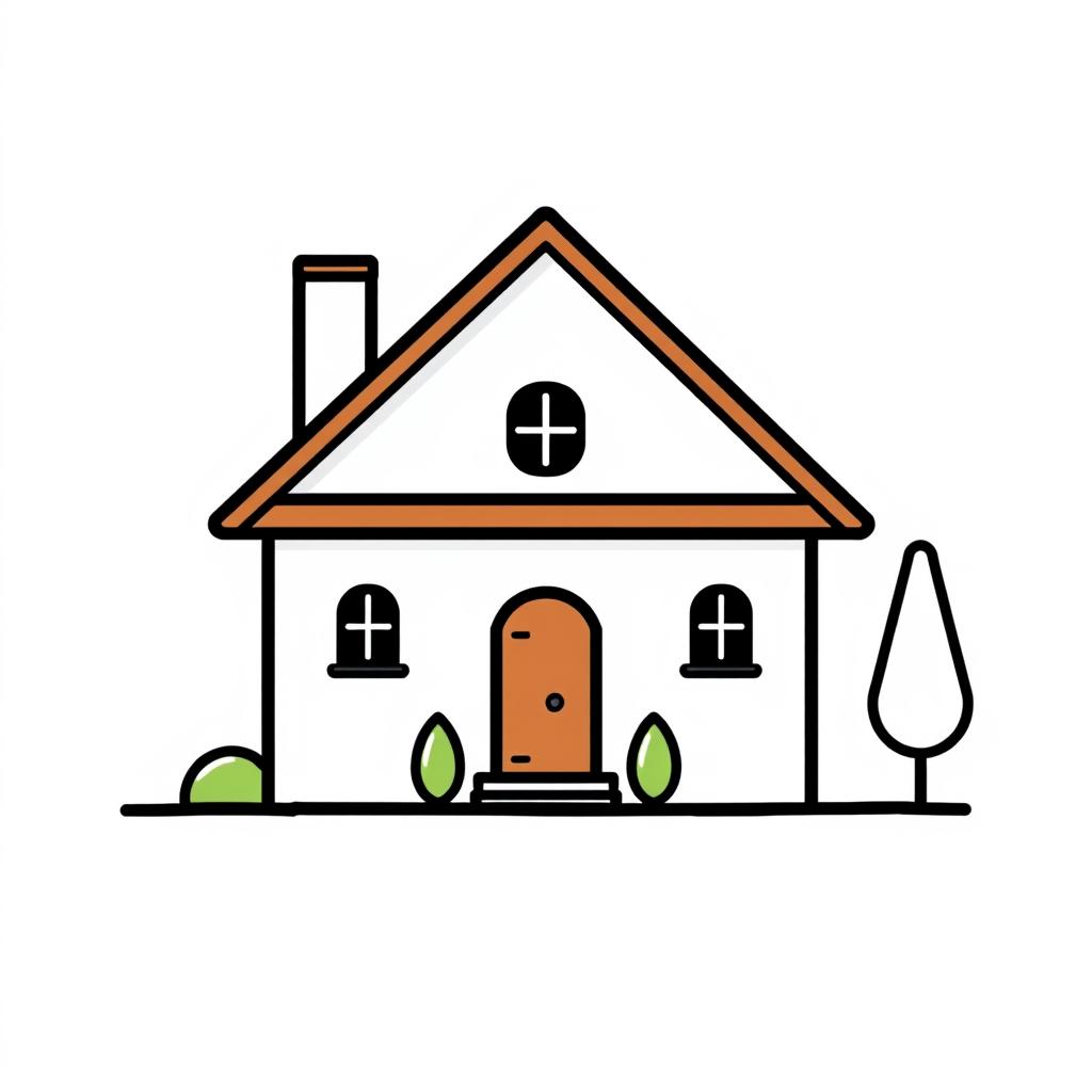 A simple house with a brown door and two windows A simple house with a brown door and two windows