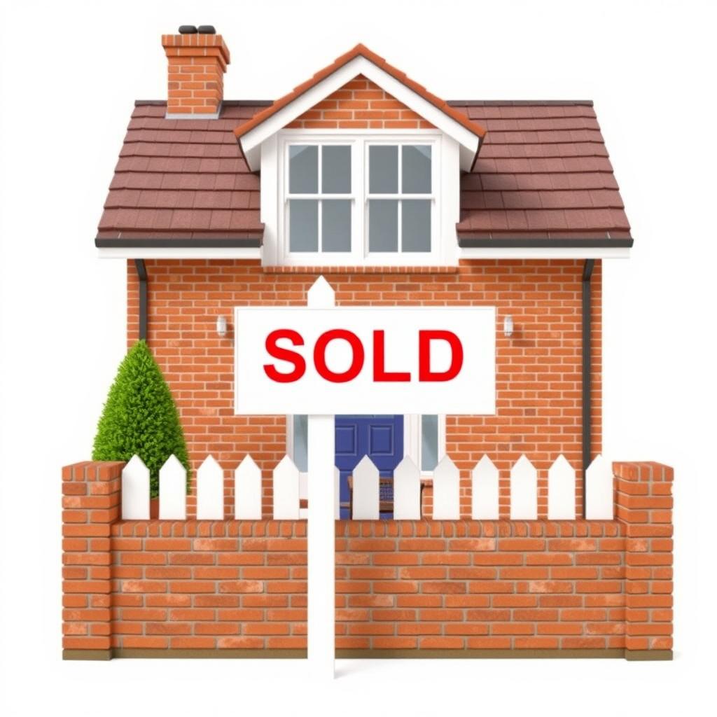 Brick house with a white fence and sold sign Brick house with a white fence and sold sign