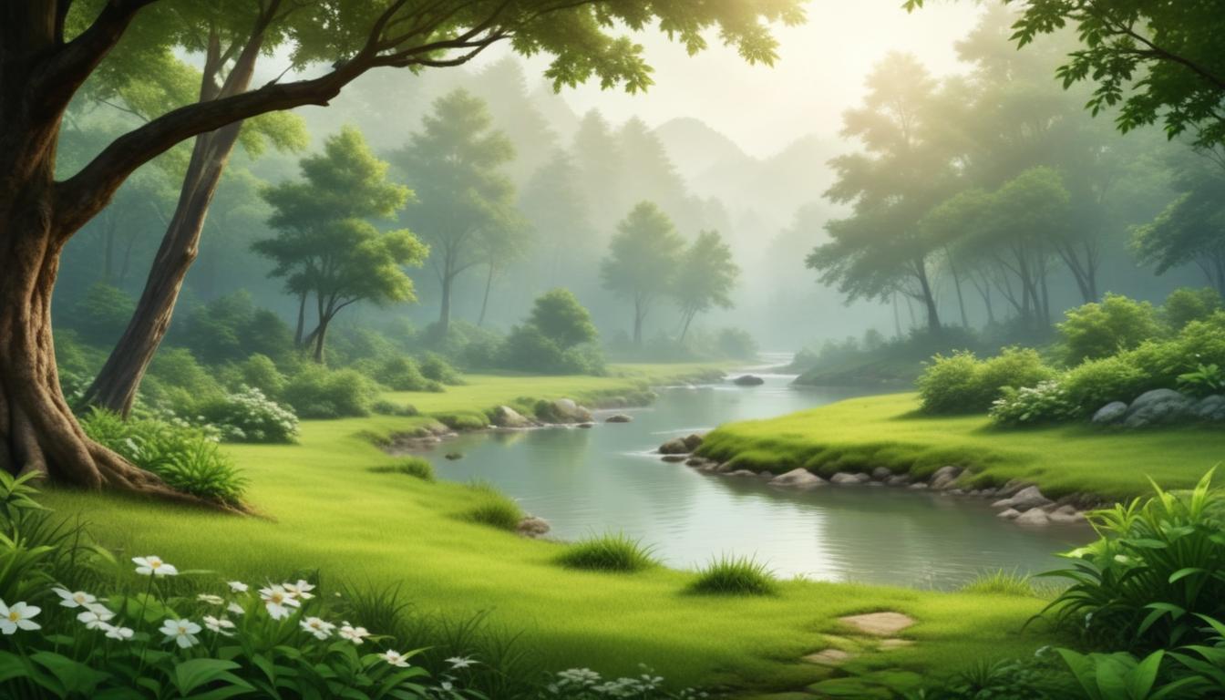 A winding river flows through a lush green forest A winding river flows through a lush green forest