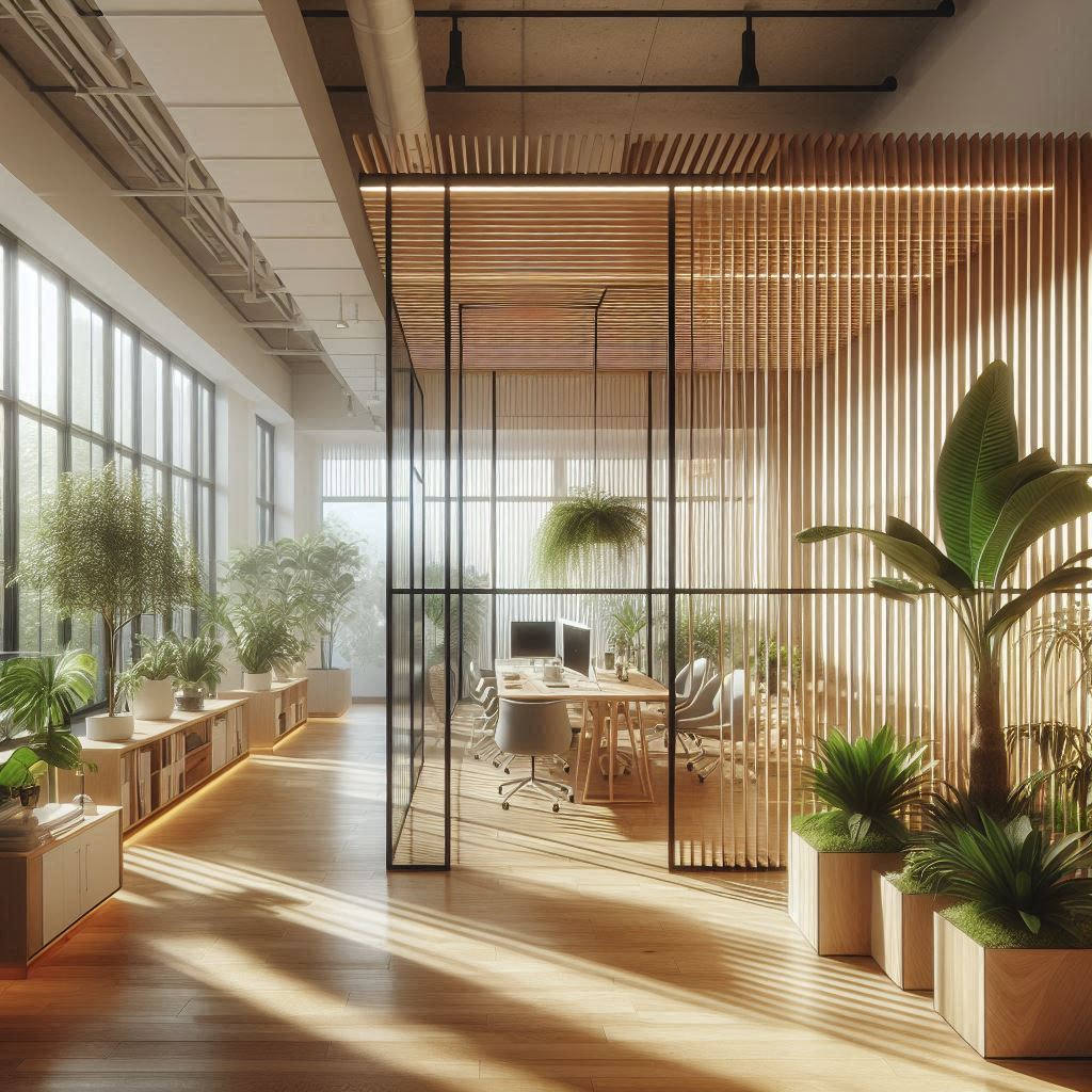 Modern office with glass wall and wood dividers Modern office with glass wall and wood dividers