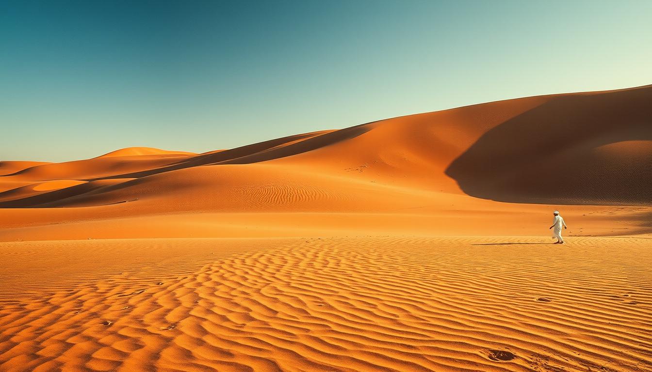 A lone figure walks across the sahara desert A lone figure walks across the sahara desert