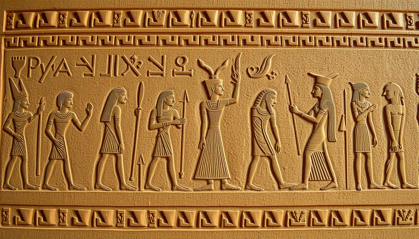 Hieroglyphs carved into an ancient stone wall Hieroglyphs carved into an ancient stone wall