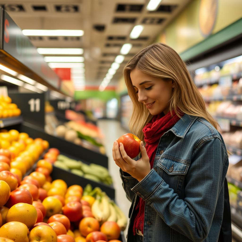 A woman examines a red apple in a grocery store A woman examines a red apple in a grocery store