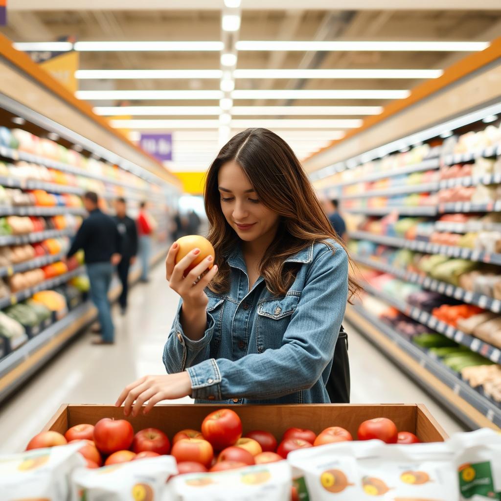 A woman inspects an apple in a grocery store A woman inspects an apple in a grocery store