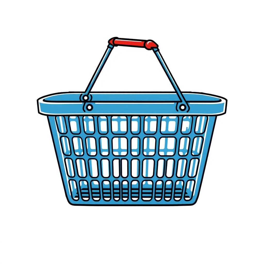 A blue shopping basket with a red handle A blue shopping basket with a red handle