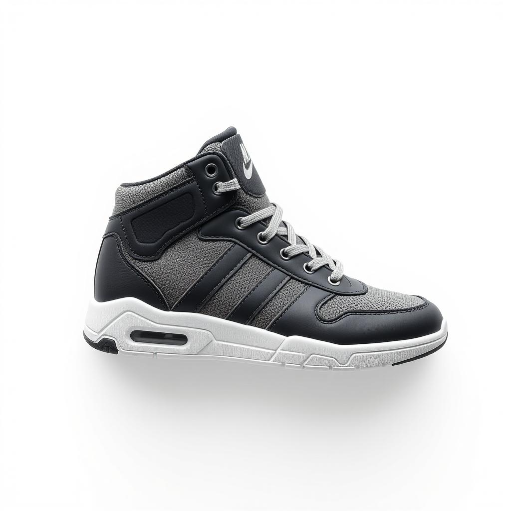 A black and gray sneaker with a white sole A black and gray sneaker with a white sole