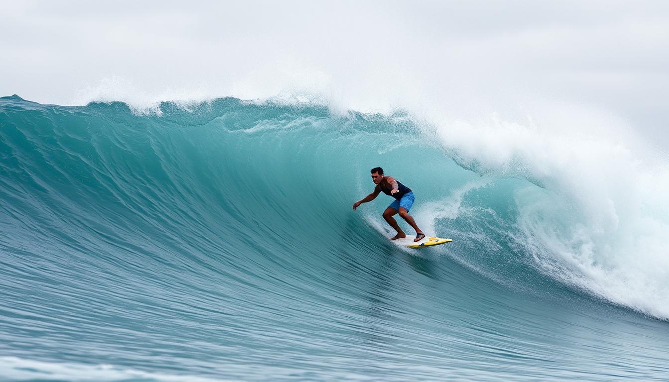 A surfer rides a large wave in the ocean A surfer rides a large wave in the ocean