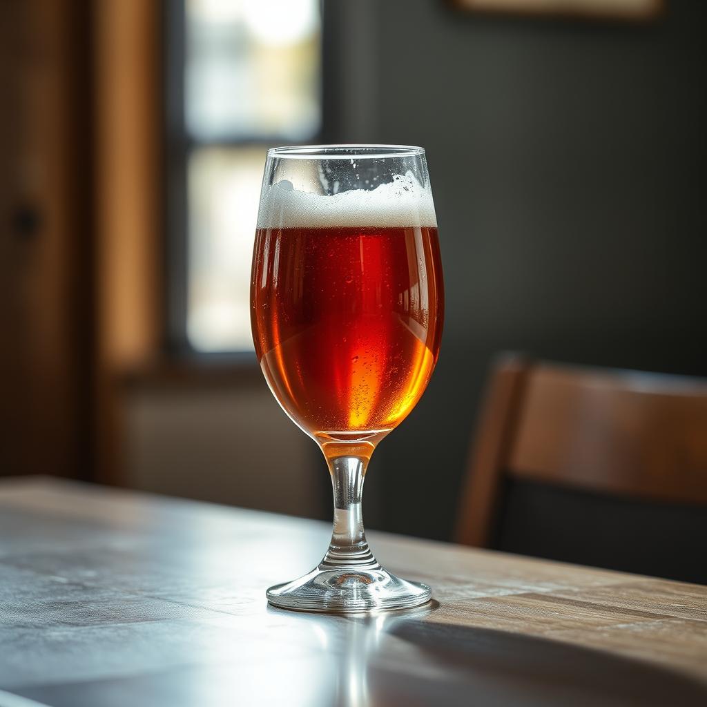 A glass of amber beer sits on a wooden table A glass of amber beer sits on a wooden table