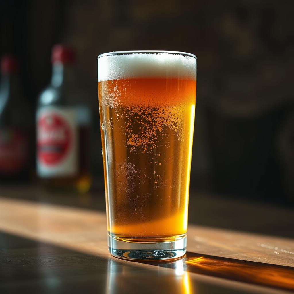A glass of beer sits on a wooden table A glass of beer sits on a wooden table
