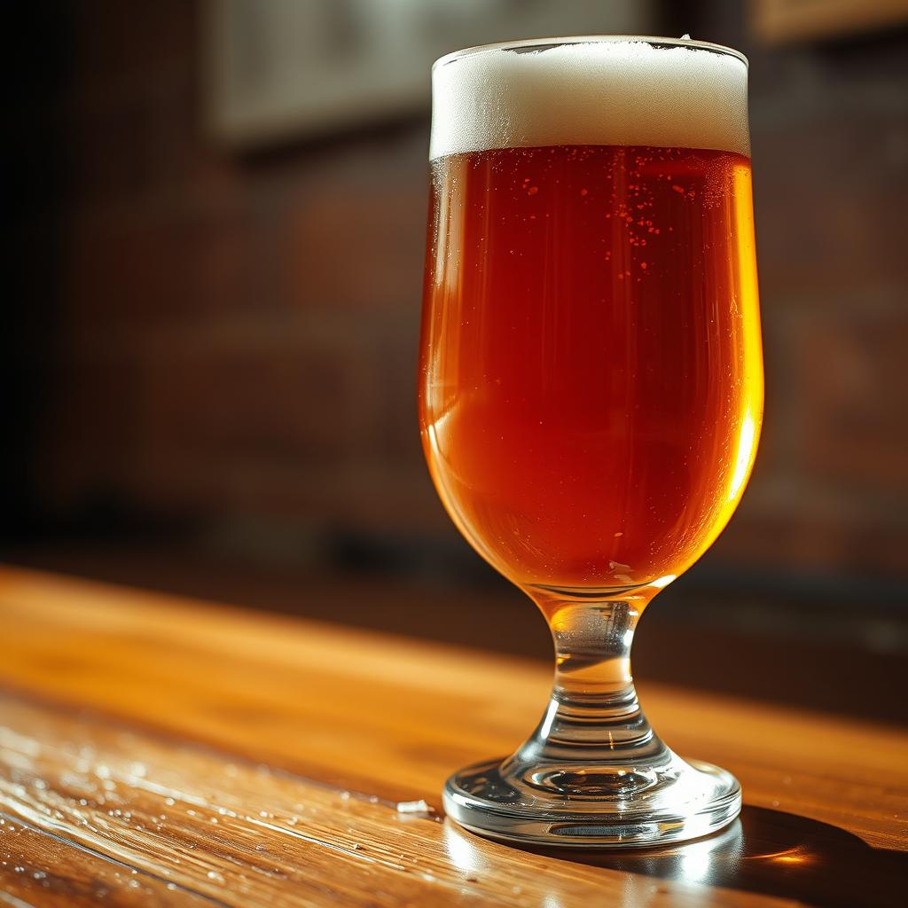 A glass of amber ale sits on a wooden table A glass of amber ale sits on a wooden table
