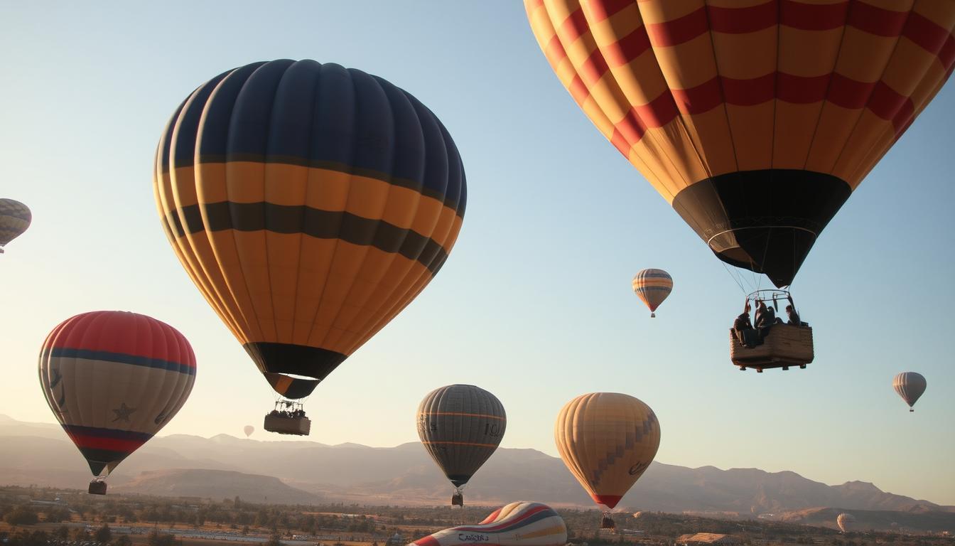 Hot air balloons soar over a mountain range at sunrise Hot air balloons soar over a mountain range at sunrise