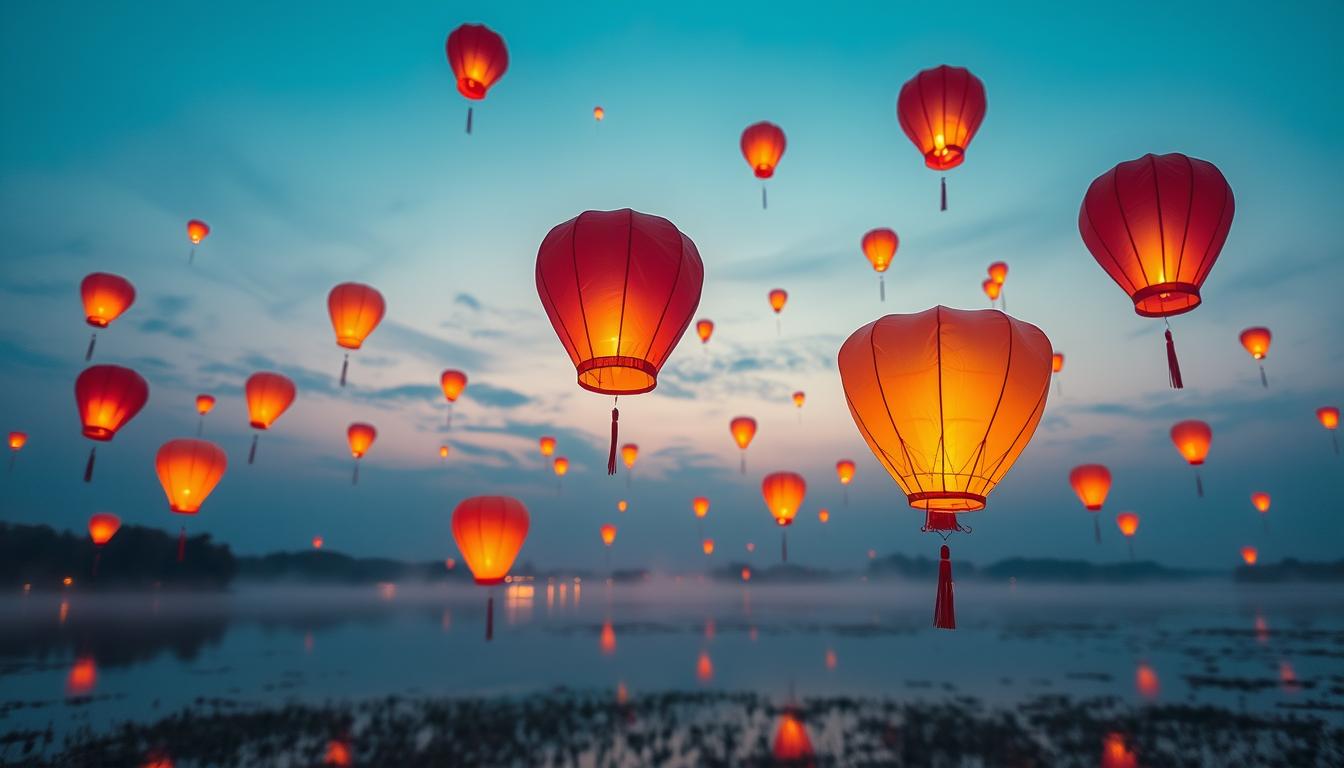 Many lanterns float in the sky over a lake at dusk Many lanterns float in the sky over a lake at dusk