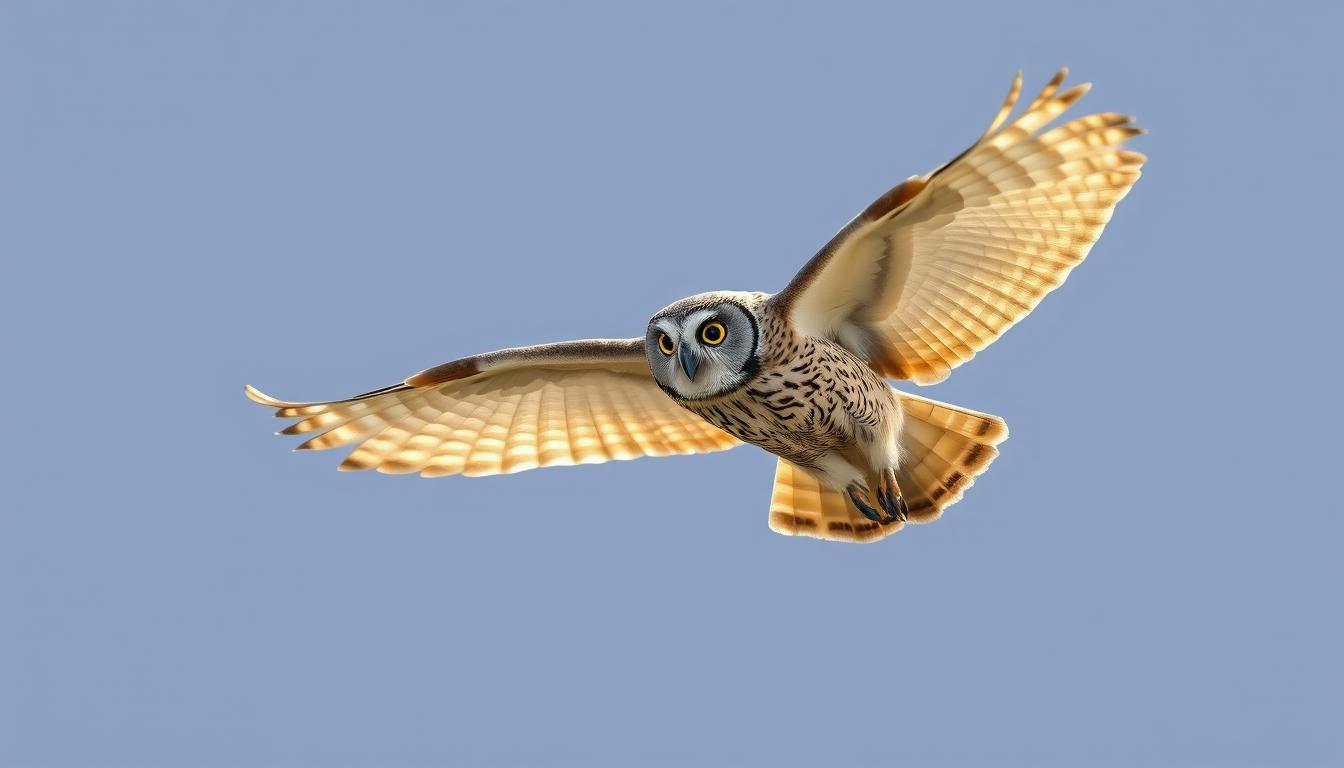 An owl soars through the blue sky An owl soars through the blue sky