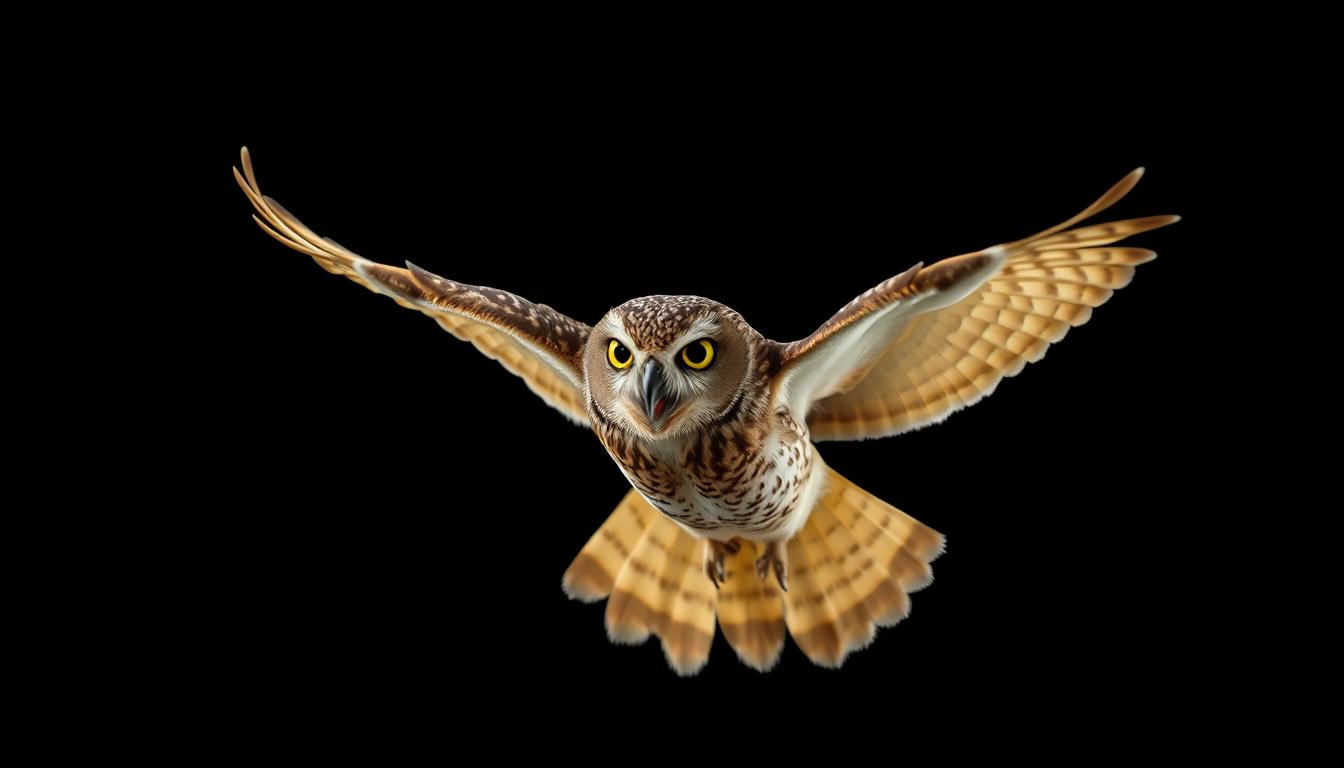 An owl flies in front of a black background An owl flies in front of a black background