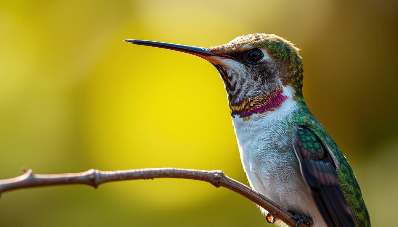 A hummingbird perches on a branch A hummingbird perches on a branch