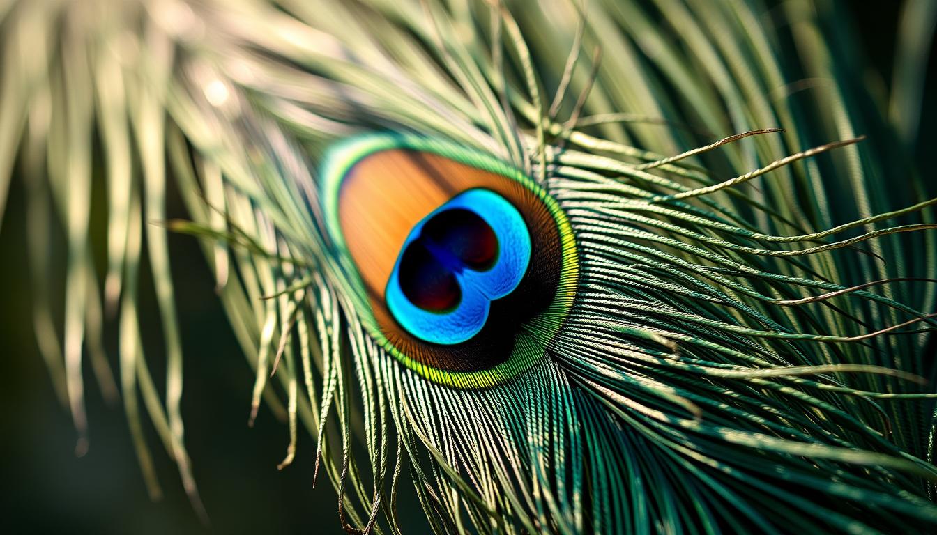 A close-up of a peacock feather with its iconic eye pattern A close-up of a peacock feather with its iconic eye pattern